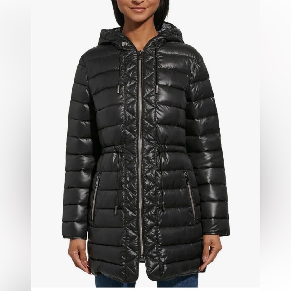 NWOT Kenneth Cole Women Black Puffer Jacket Midi Hood‎ quilted